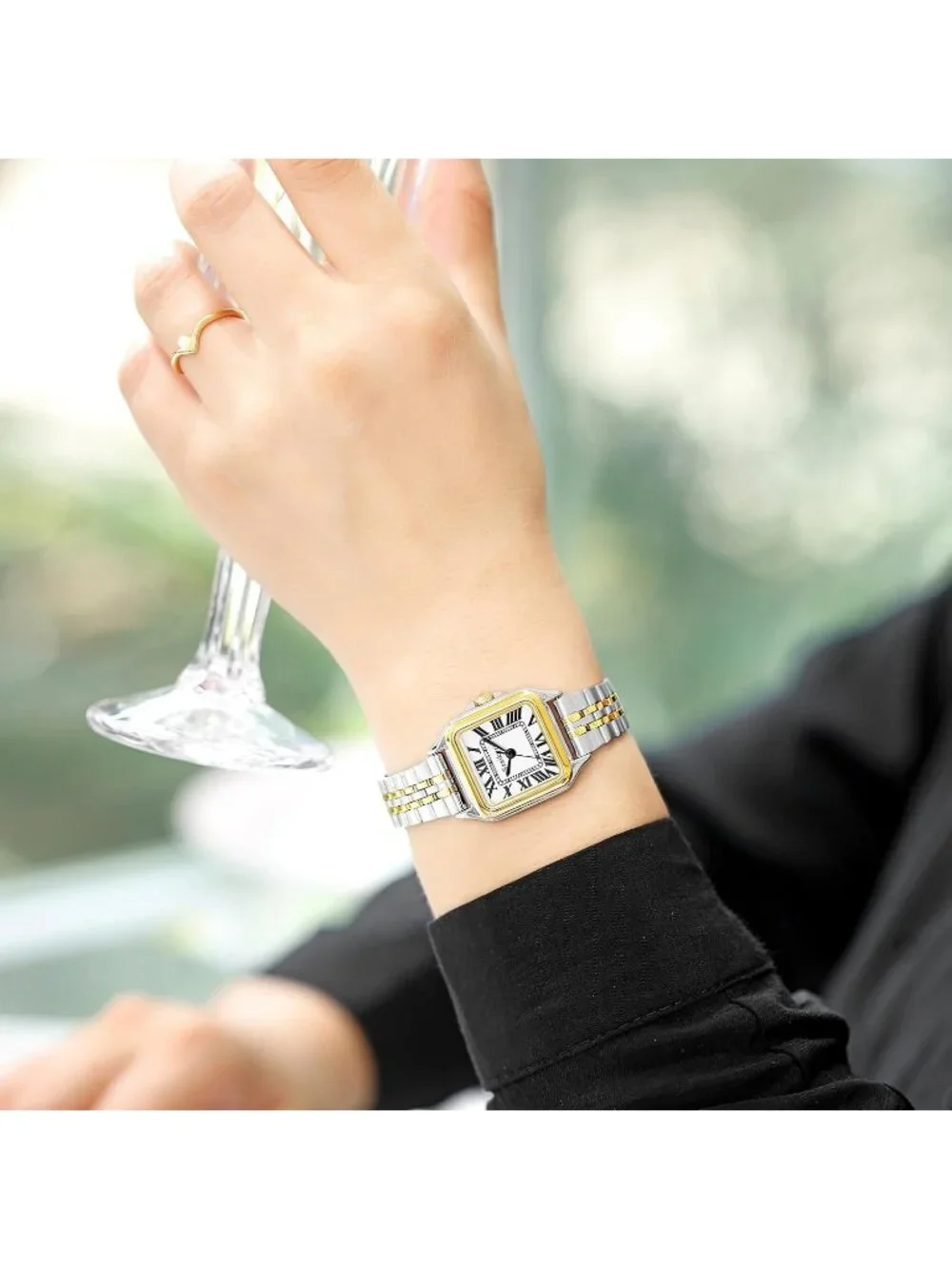 Women's Silver& Gold-Black Square Dial Dainty Vintage Stainless Steel Band Watch